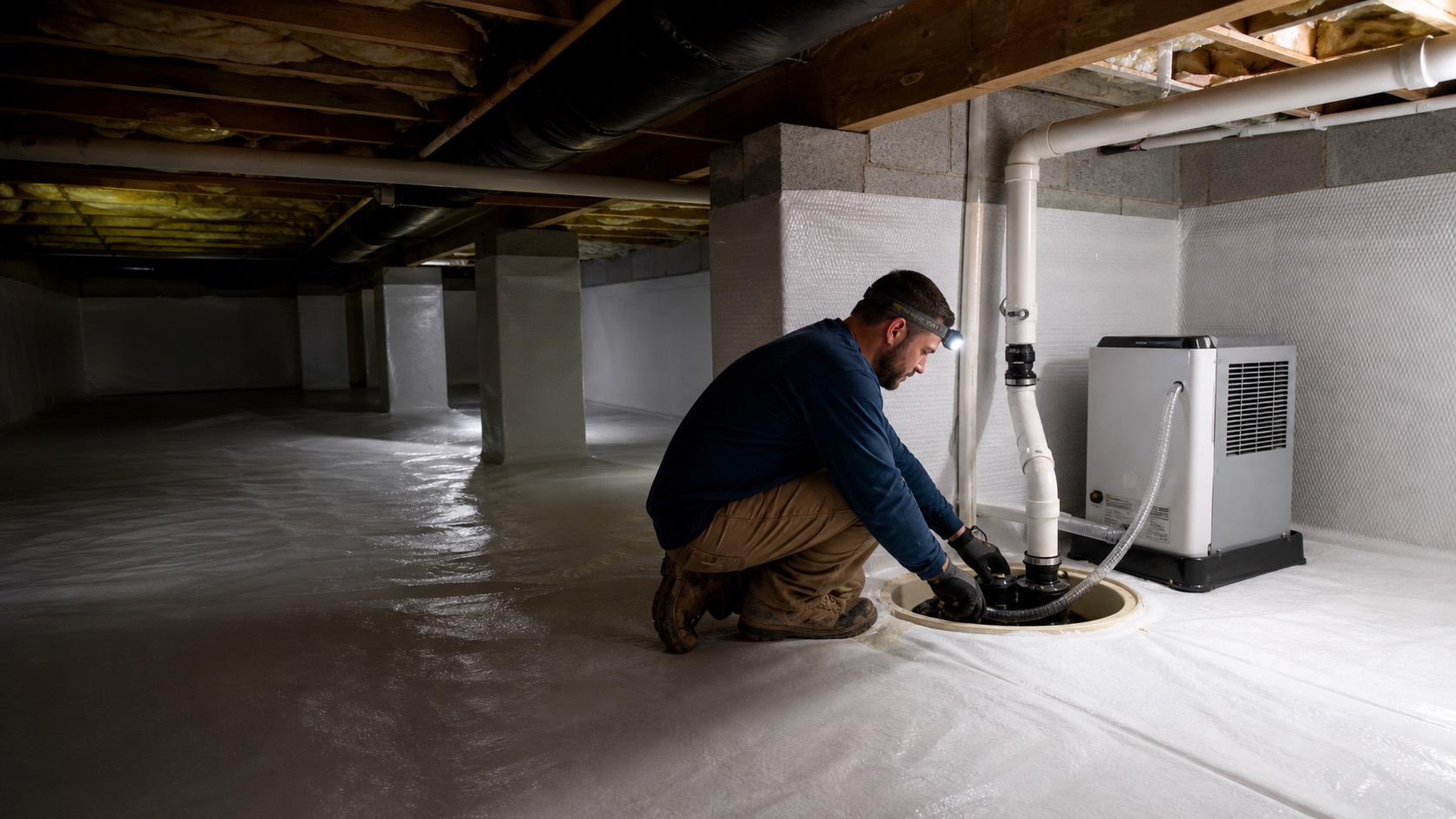 Clean crawl space encapsulation with moisture control equipment